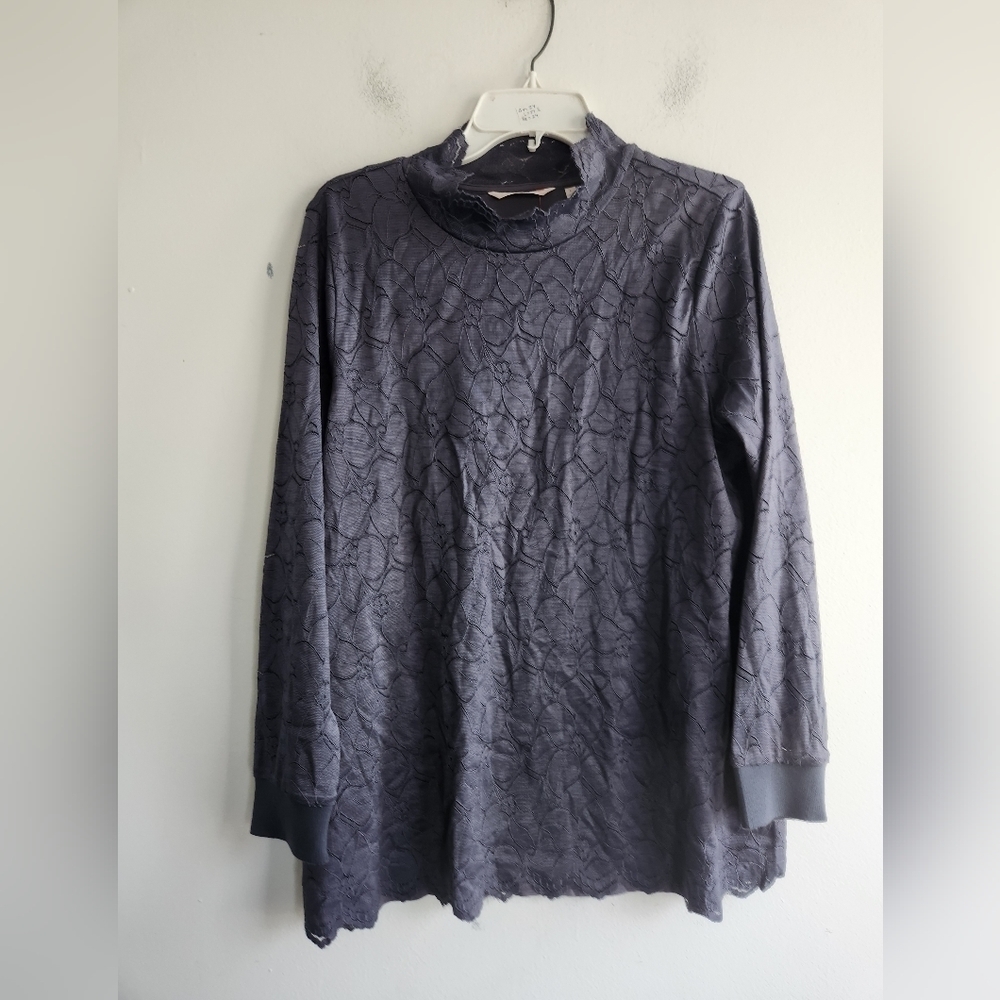 Soft Surroundings Grey Floral Lace Mock Neck Overlay Tunic Blouse size Large